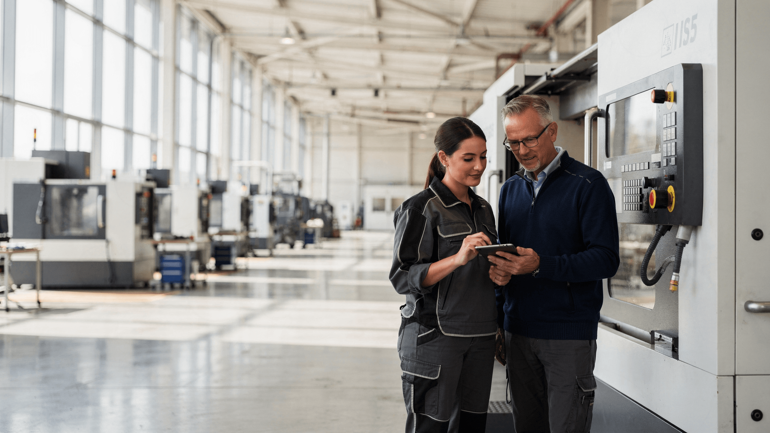 Produktionsleiter und Maschinenbedienerin besprechen an einer CNC-Maschine einen Auftrag auf dem Tablet