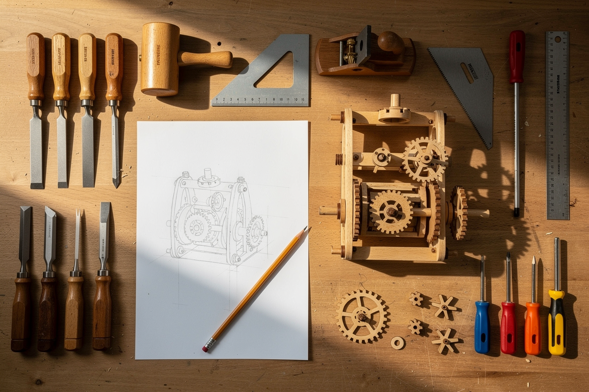 Werkbank mit Werkzeugen und einem halb zusammengebauten mechanischen Holzmodell