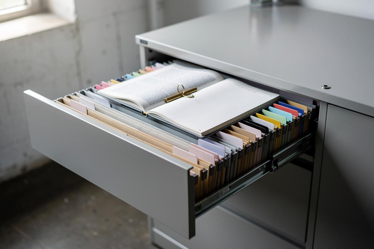 Geöffneter Aktenschrank mit beschrifteten Hängeregistern und einem aufgeschlagenen Wartungshandbuch